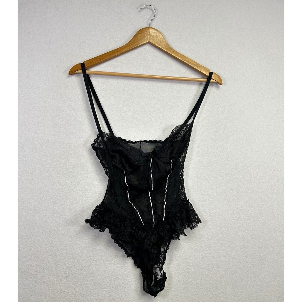 Vintage Nan Flower Black‎ Lace Beaded Corset Teddy Lingerie S